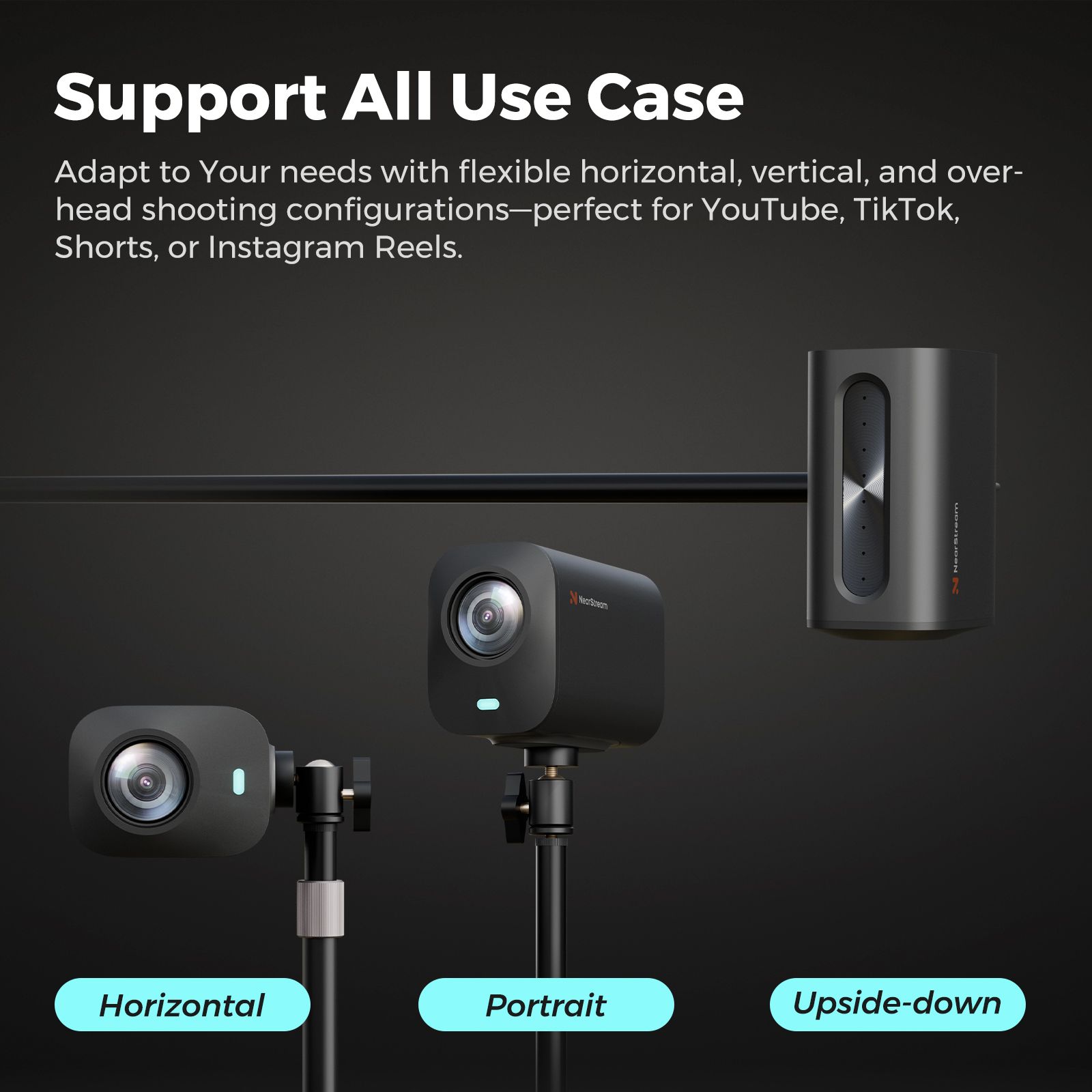 Vertical 9:16 streaming camera mounted on heavy duty tripod