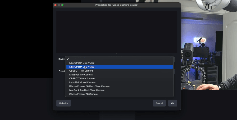 multi-cam streaming setup using NearStream VM20 4k video camera with OBS