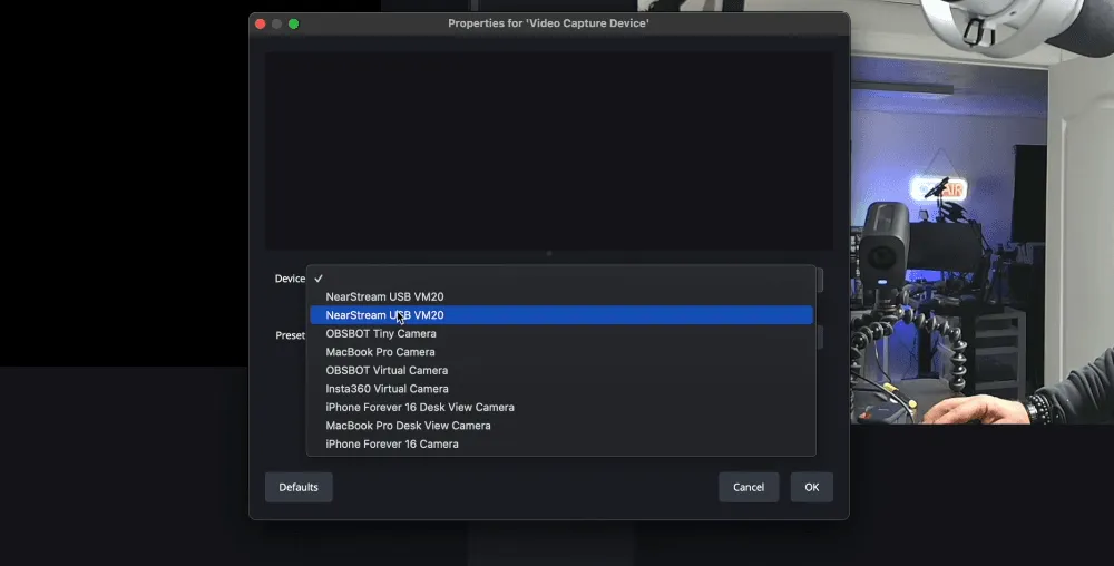 multi-cam streaming setup using NearStream VM20 4k video camera with OBS