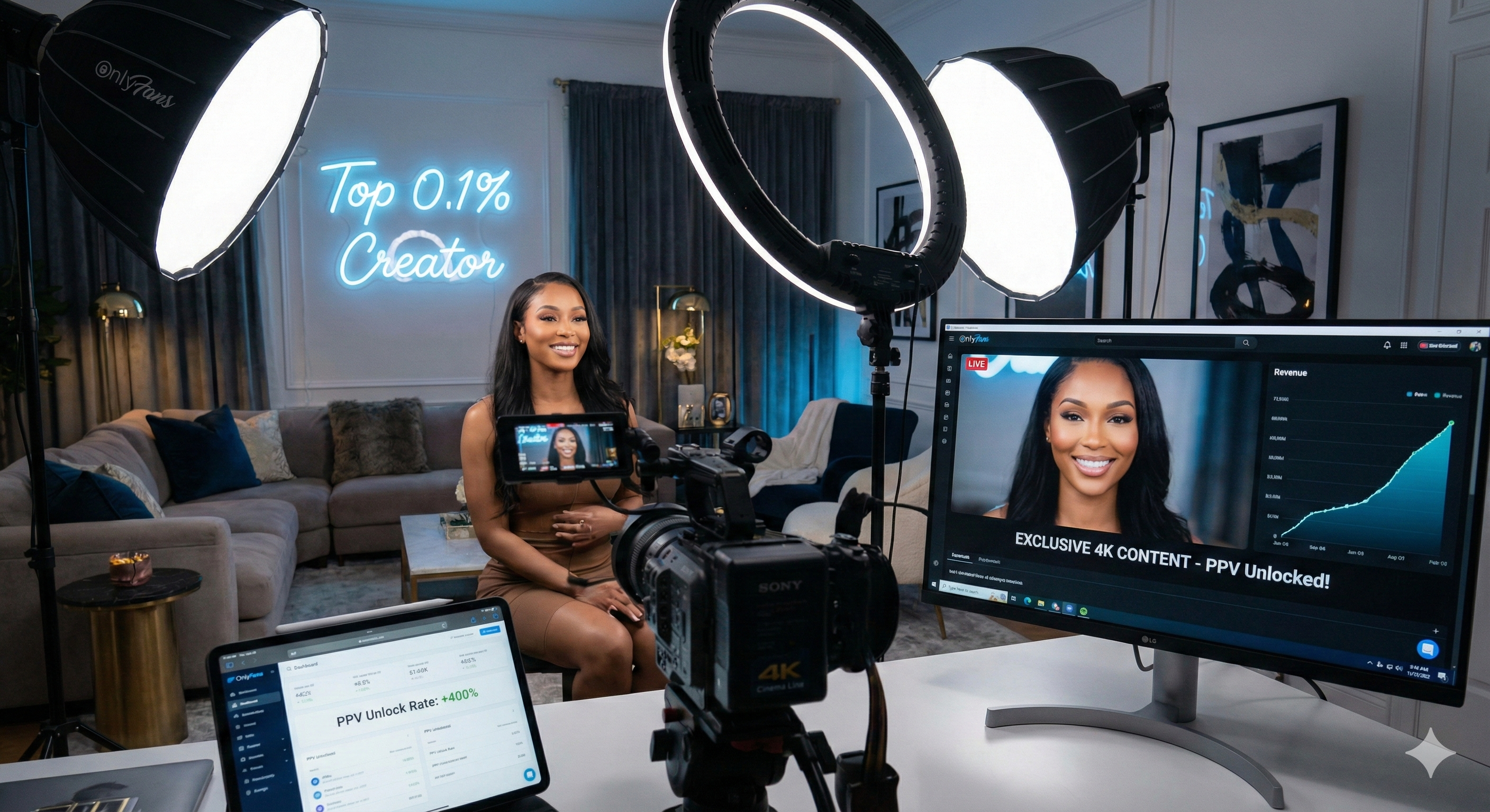 Creator broadcasting in a dimly lit aesthetic studio