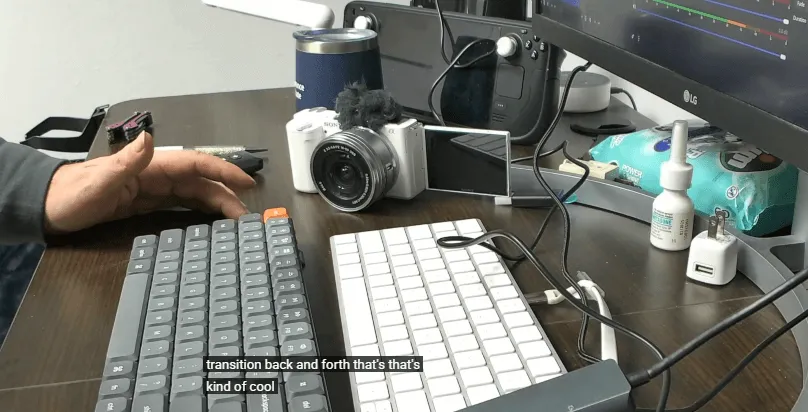 4k video camera review showing VM20 used in a two-person podcast setup