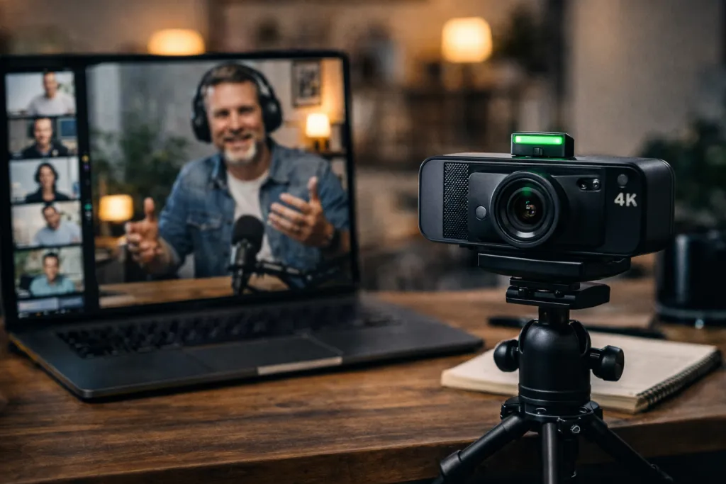 Streaming Setup mit Videoaufnahme und Live-Konferenz auf Bildschirm