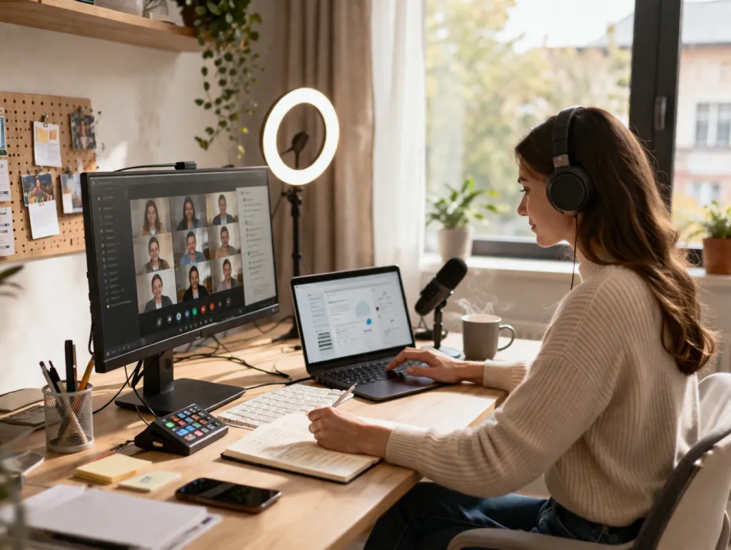 Homeoffice Videokonferenz Setup mit Laptop und Monitor