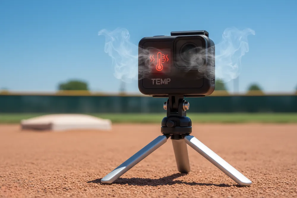 Action camera on tripod at baseball field showing red overheating warning icon on LCD screen in bright sunlight