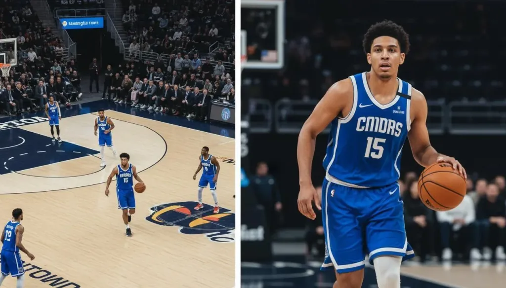 Split-screen comparison showing AI auto-tracking technology following a basketball player with ball across the court in real time