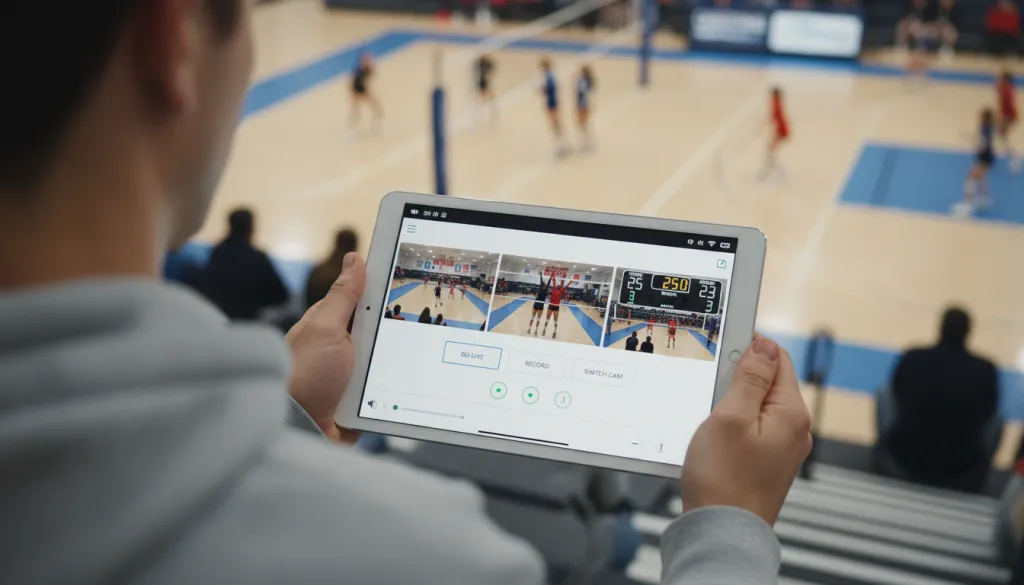 Figure 3: NearStream app multicam interface showing three simultaneous camera feeds on a tablet