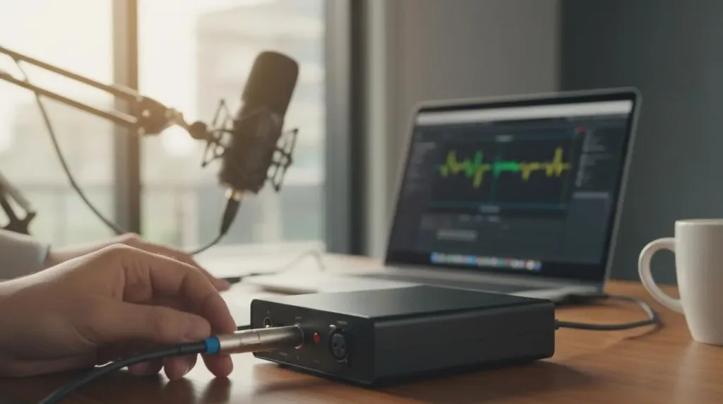 A close-up of hands connecting an XLR cable to a professional audio interface, with a microphone and laptop showing audio levels in the background