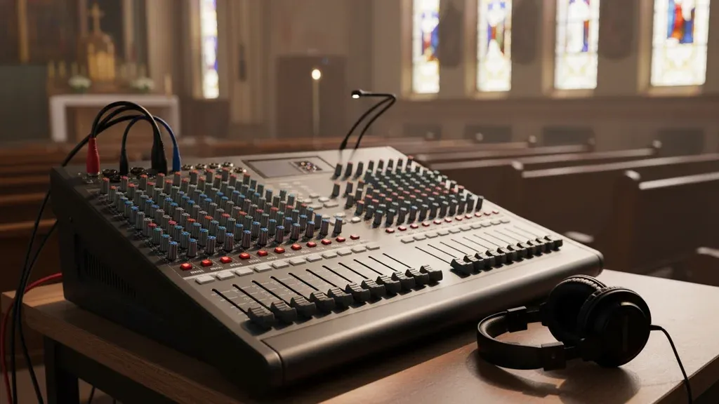 Professional audio mixing console with headphones in a church AV booth