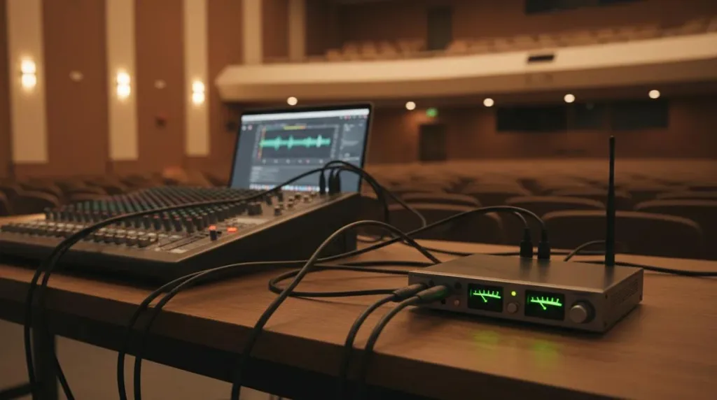 A professional audio mixing console and streaming equipment at the back of a school auditorium, with a laptop showing audio waveforms