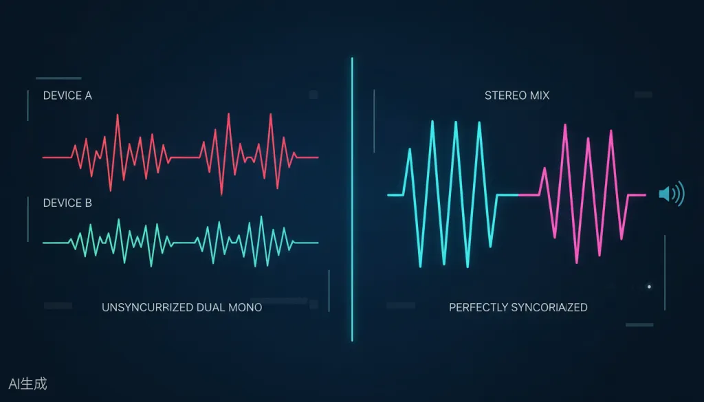 Figure 2: Visual comparison showing unsynchronized dual mono tracks versus perfectly synchronized stereo mix
