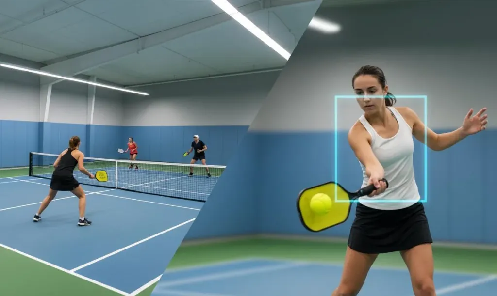 AI autotracking visualization showing panoramic court view alongside close-up player tracking frame