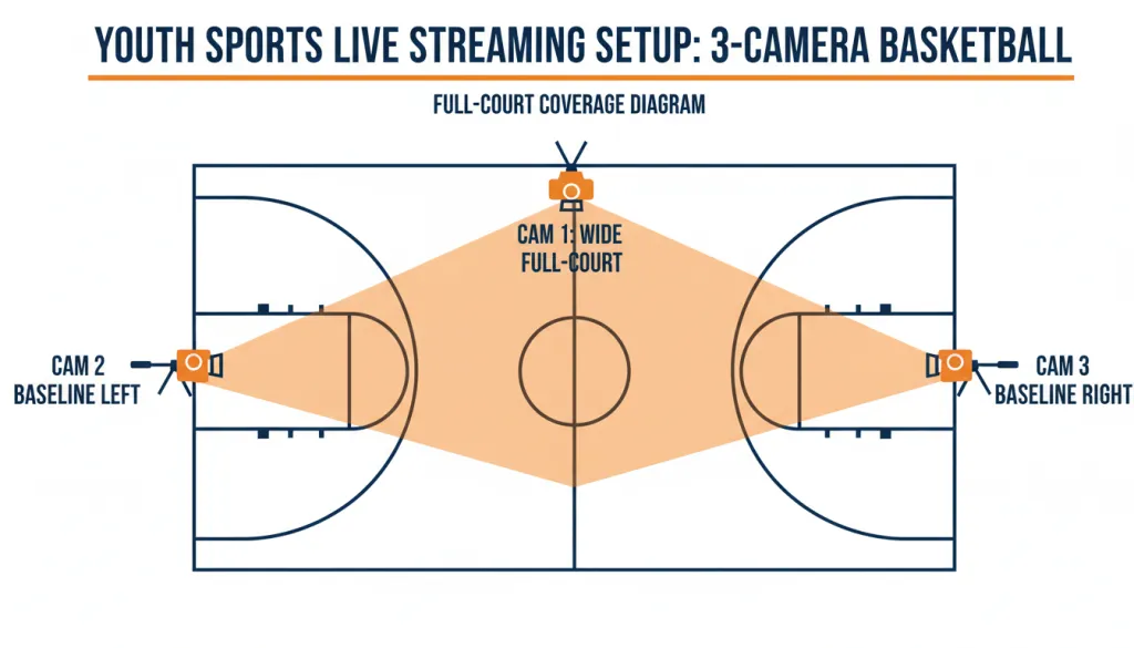 Figure 2: Overhead diagram showing optimal three-camera placement for full-court basketball streaming coverage