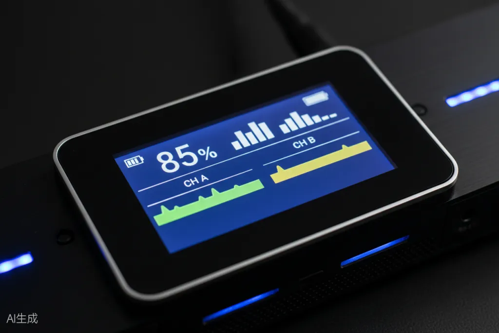 Figure 3: LCD touchscreen display showing battery percentage, audio levels, and channel status for precise monitoring