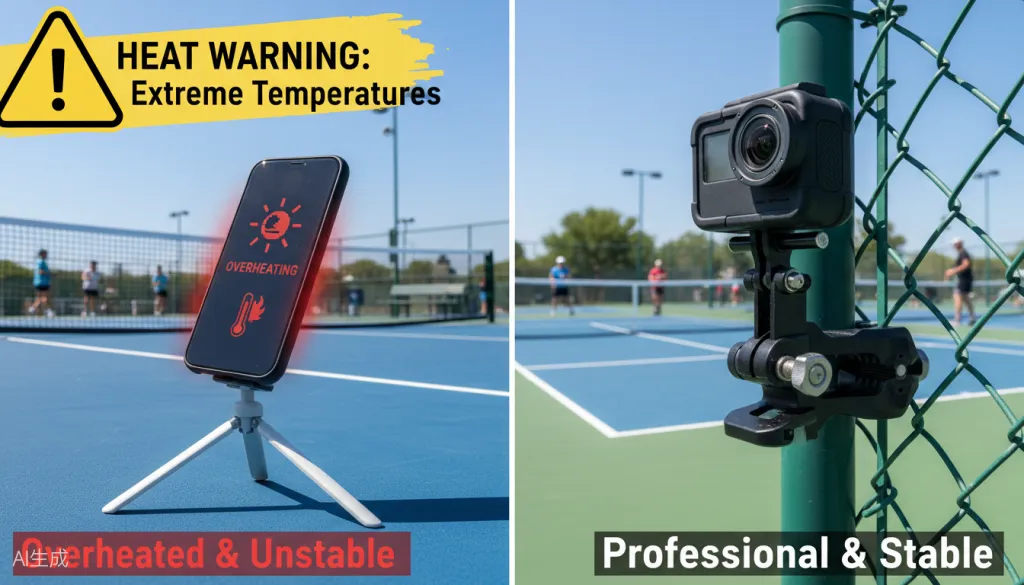 Figure 2: Split comparison showing a smartphone overheating on a cheap tripod versus a rugged dedicated sports camera securely fence-mounted at an outdoor pickleball court