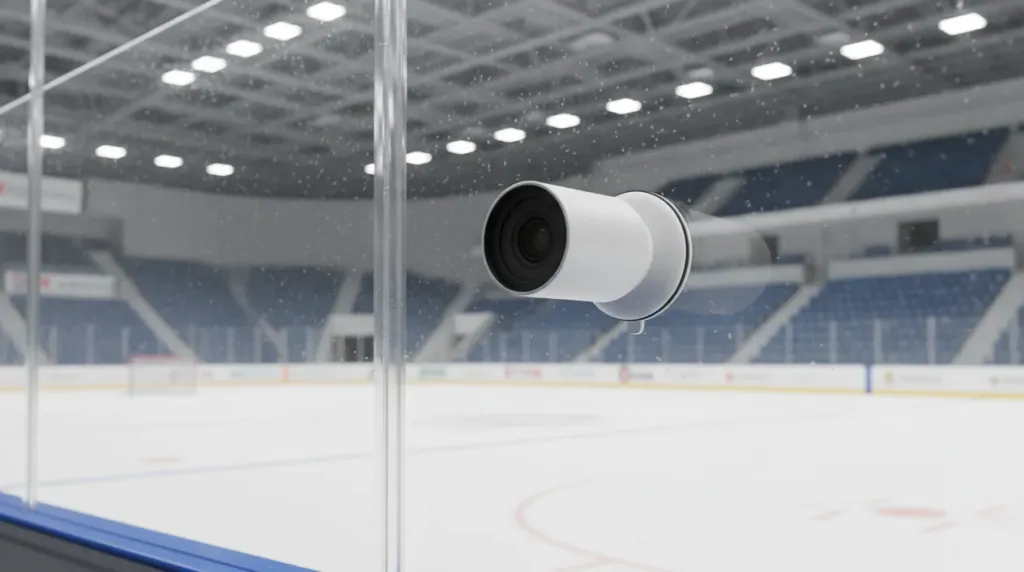 Compact streaming camera suction-mounted on hockey rink plexiglass barrier overlooking ice surface