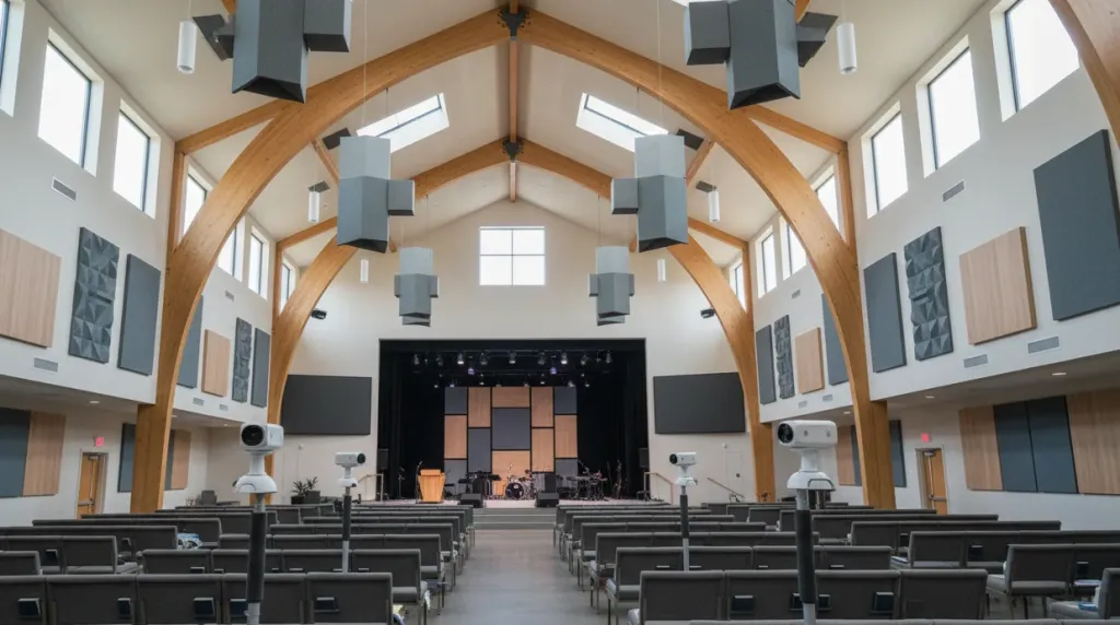 Modern church interior with professional acoustic panels on walls and multiple PTZ cameras positioned for streaming