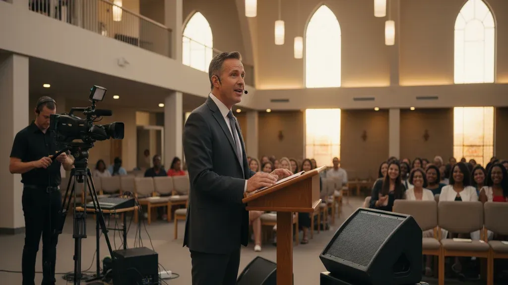 Pastor speaking at a church podium with wireless microphone while camera crew streams the service and PA speakers serve the congregation