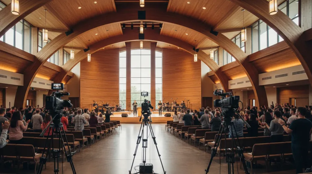 Multiple cameras positioned at different distances throughout a church sanctuary during a worship service