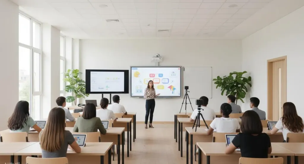 A teacher presenting at a whiteboard in a bright modern classroom with multiple cameras on tripods capturing the lesson