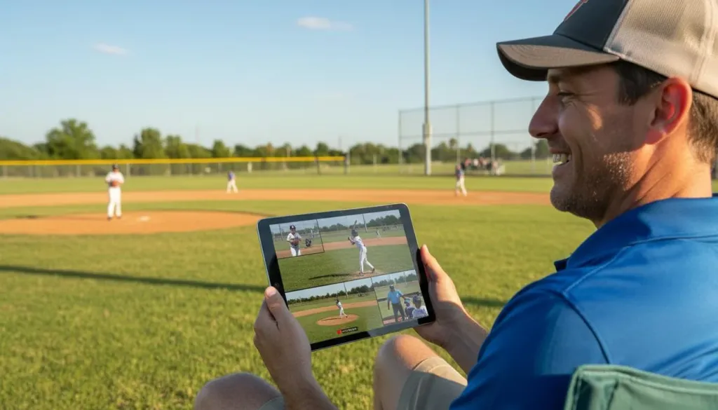 Coach or parent monitoring a live multi-angle sports stream on a tablet while sitting at the field