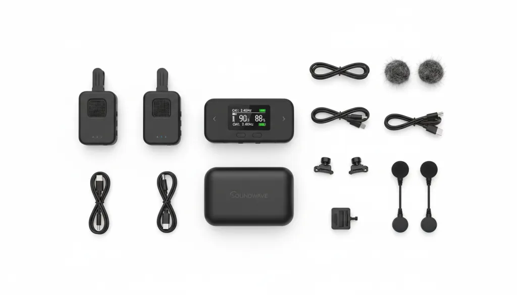 Figure 5: Complete dual channel wireless microphone kit with transmitters, receiver, charging case, cables, and accessories