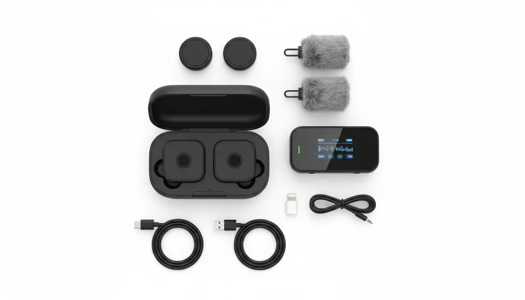 Figure 4: The complete AWM28T kit includes transmitters, receiver, charging case, all adapters, cables, windshields, and magnetic attachments