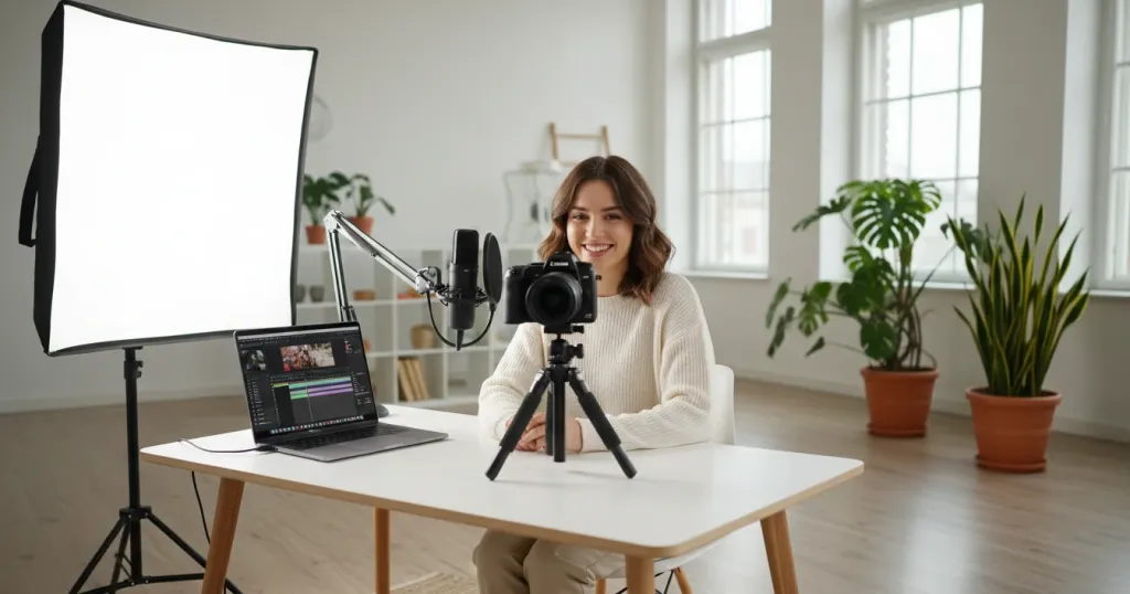 Content Creatorin am modernen Schreibtisch mit professionellem Kamera-Setup und Softbox-Licht