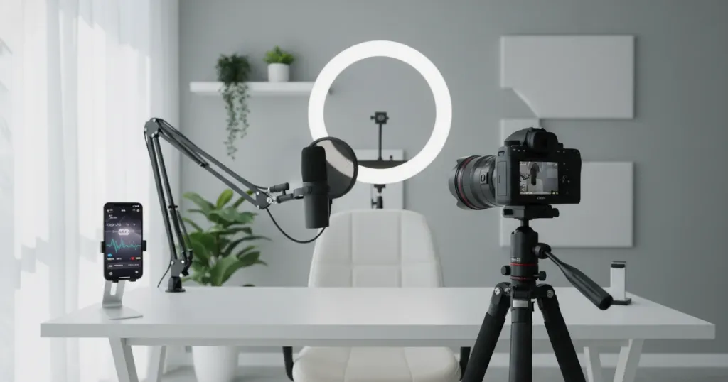 Moderner Content Creator Studio-Arbeitsplatz mit Kamera auf Stativ, Ringlicht und Mikrofon