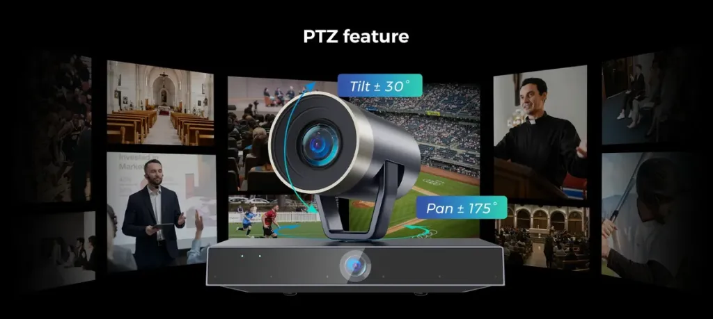 Professional PTZ video camera showcasing pan and tilt features in a multi-scene production environment including churches, sports venues, and conference settings