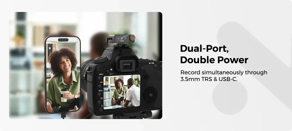 Figure 1: Dual-port wireless microphone system recording to both phone and camera simultaneously