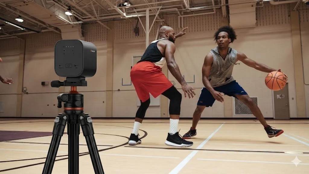 Figure 1: A wireless streaming camera positioned courtside to capture basketball action for live broadcast