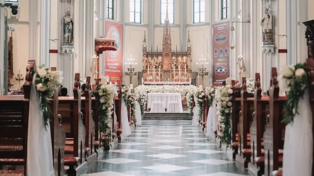 Church sanctuary interior showing pews and altar area ready for service streaming