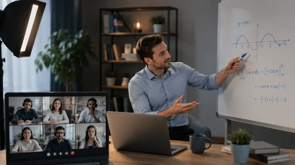 Educator conducting an interactive online teaching session with students visible on a laptop screen, professional studio lighting, and a whiteboard with mathematical formulas in the background