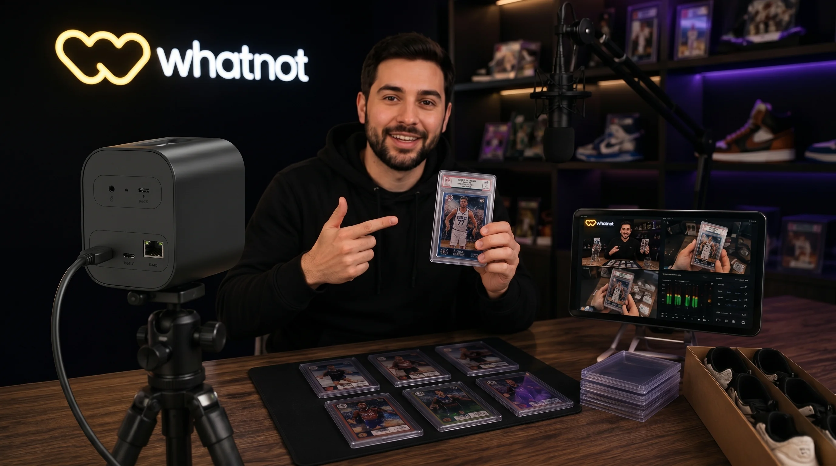 Professional card breaking setup with NearStream camera and Whatnot dashboard