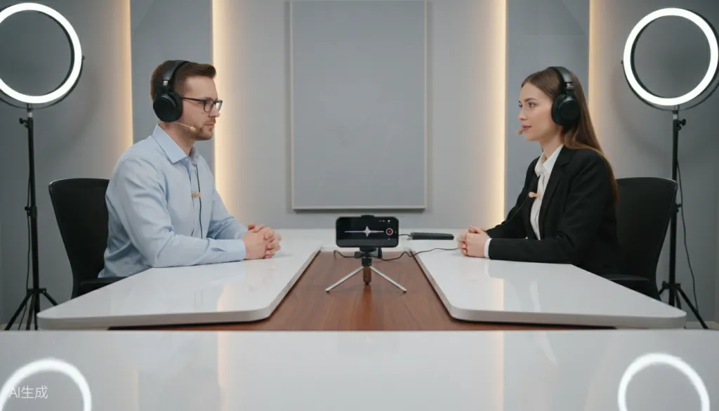 Figure 3: Professional dual-person interview setup with wireless lavalier microphones and smartphone recording