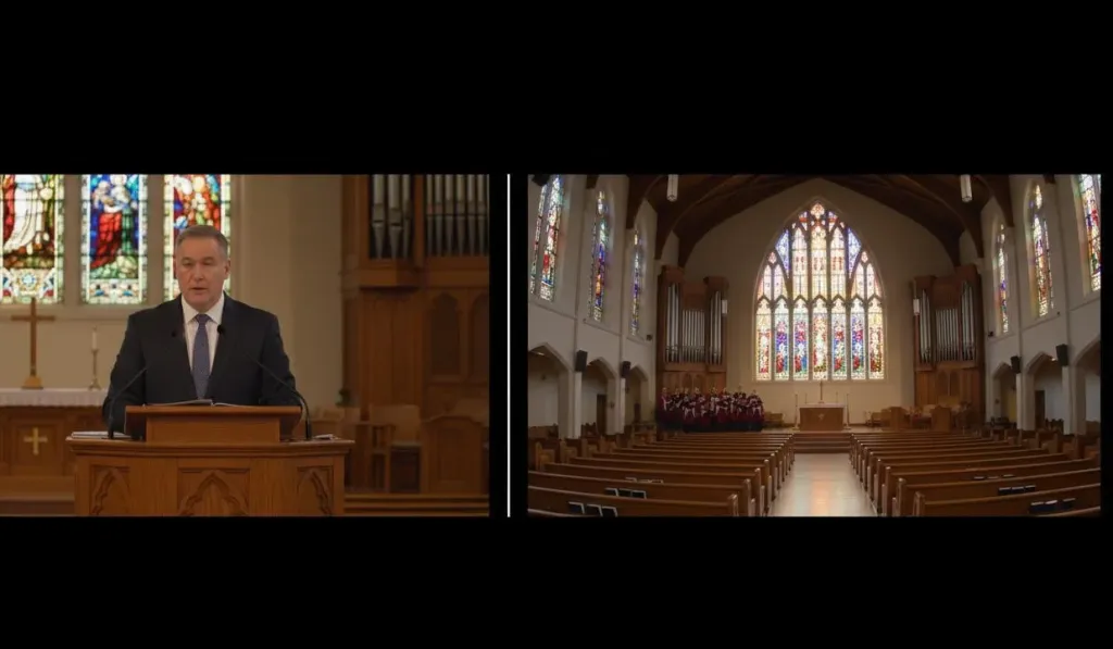 Split-screen view showing two camera angles: a close-up of a pastor at the podium and a wide panoramic view of a church sanctuary with choir and stained glass windows