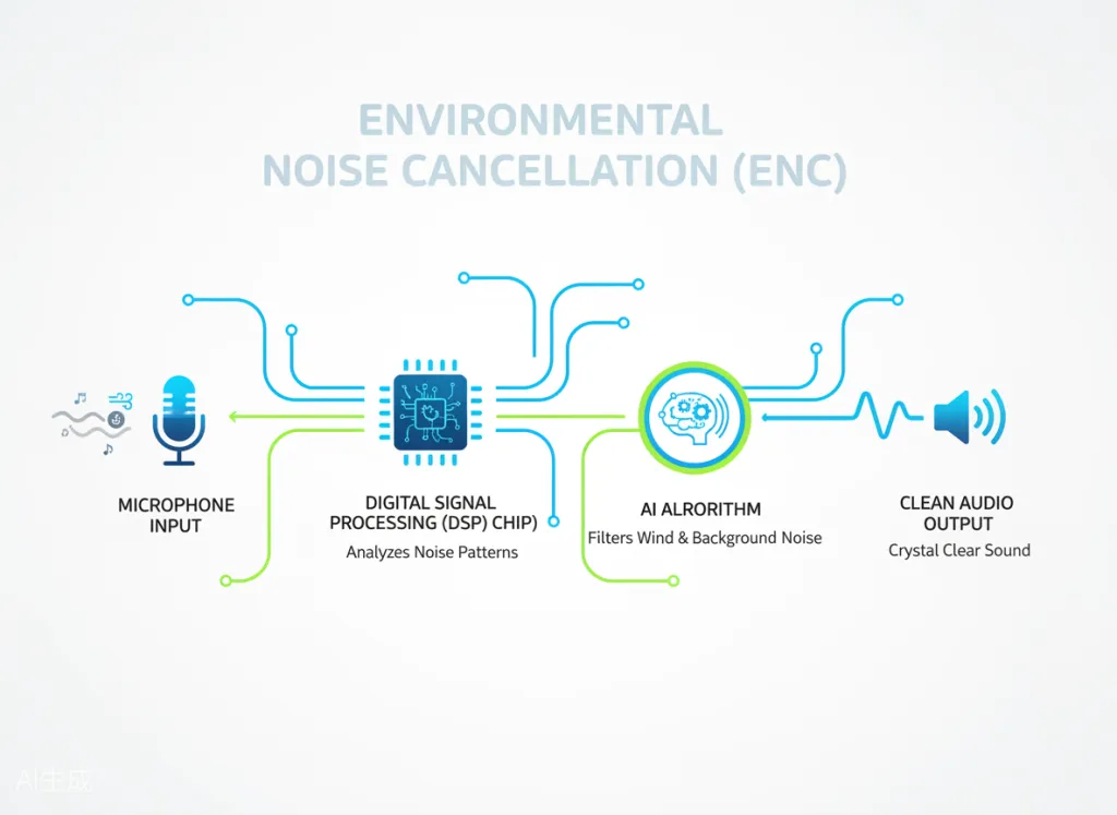 Figure 3: Technical diagram illustrating how Environmental Noise Cancellation processes audio from microphone input through DSP chip and AI algorithm to produce clean output