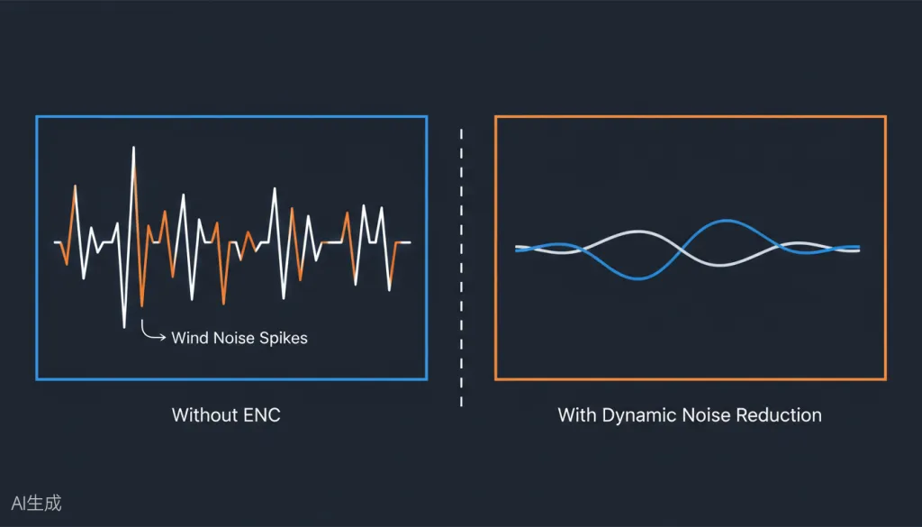 Figure 2: Audio waveform comparison showing the dramatic difference between recordings with and without ENC technology