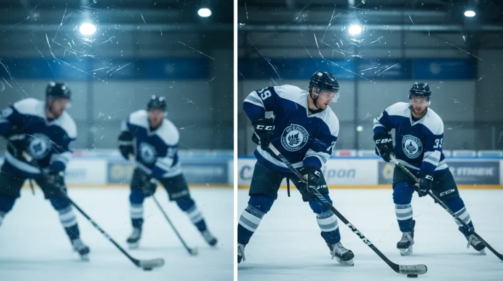 Side-by-side comparison showing blurry autofocus versus sharp manual focus through hockey rink plexiglass