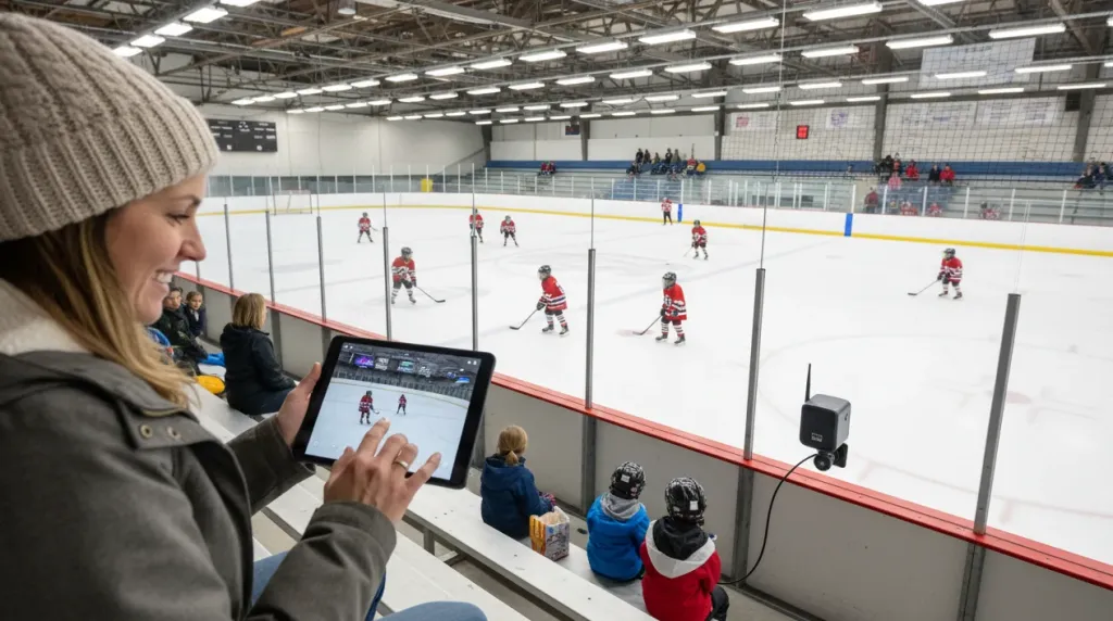 Parent in bleachers controlling hockey recording camera via tablet during youth ice hockey game