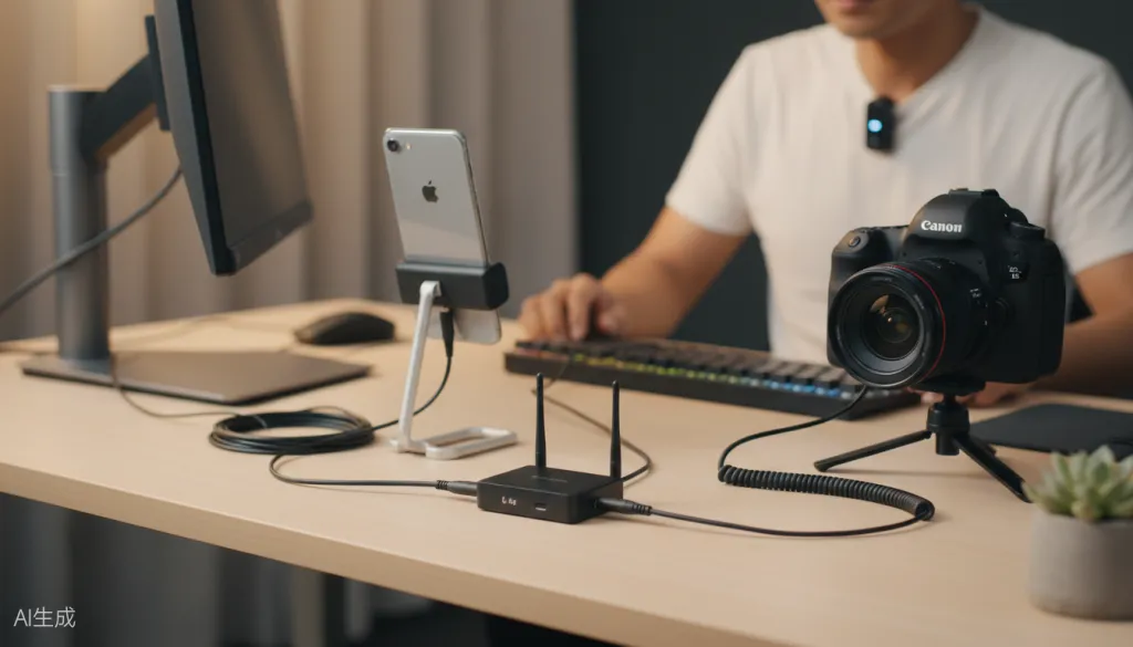 Figure 2: Dual-device recording setup with iPhone and DSLR camera connected simultaneously to the AWM28T receiver