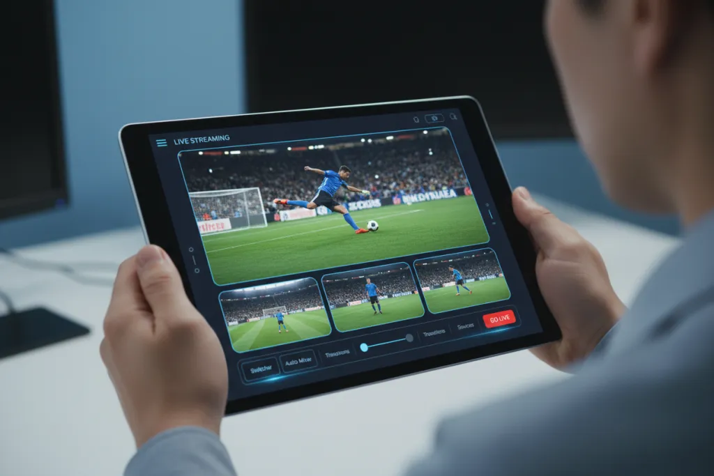 Figure 6: Hands holding a tablet displaying a multi-camera live streaming control interface with picture-in-picture feeds