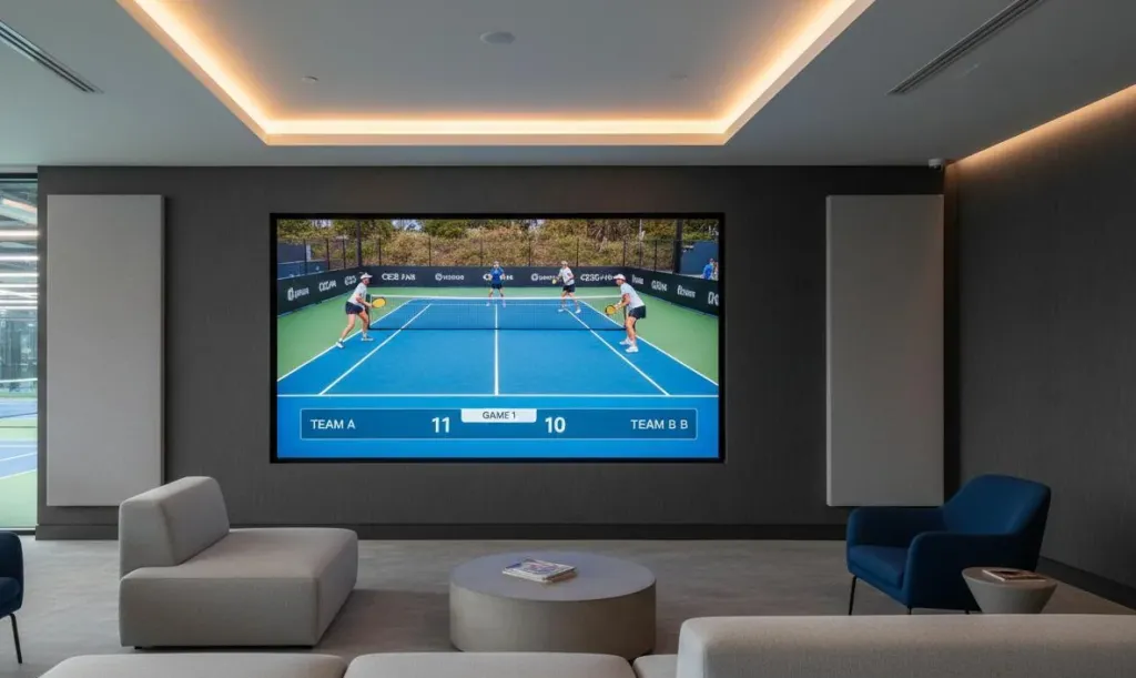 Modern viewing area with large screen displaying live pickleball match with score overlay
