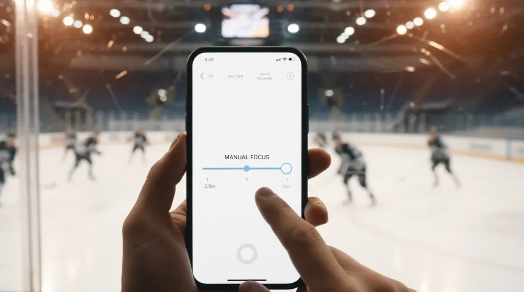 Hand holding smartphone with manual focus control app in front of ice hockey rink