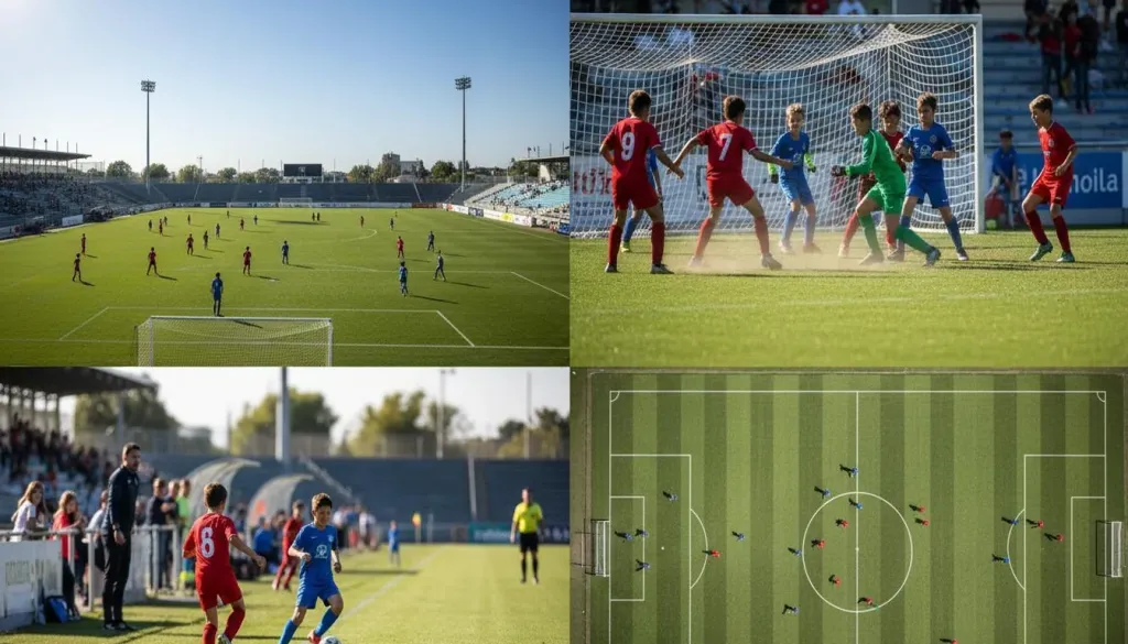 Split-screen view showing multiple camera angles of a youth soccer match being livestreamed simultaneously