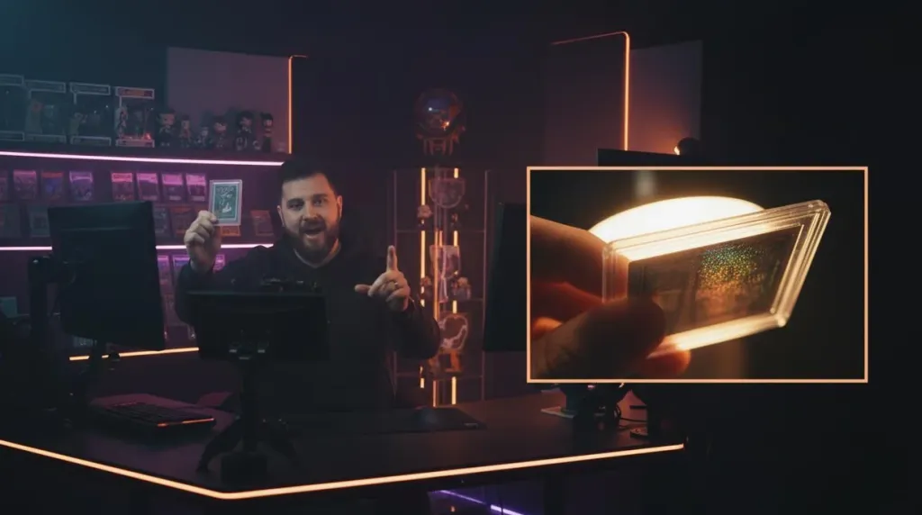 Professional streaming studio with presenter showing collectible card to camera and picture-in-picture detail close-up insert visible, dramatic neon lighting