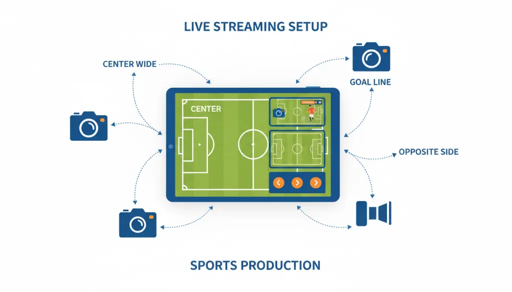 Figure 4: Diagram showing ideal three-camera placement around a soccer field for multi-angle streaming