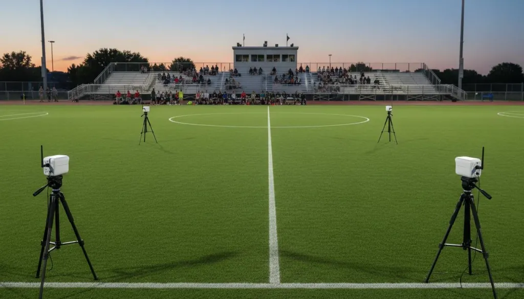 Three wireless streaming cameras positioned on tripods around a lit sports field for multi-angle coverage