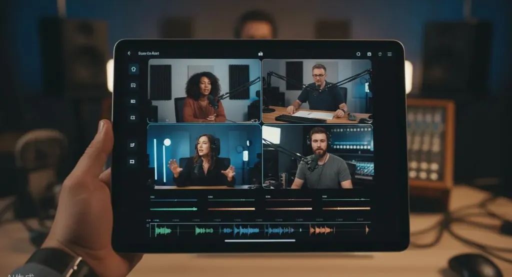 Tablet displaying a multi-camera video switcher interface with four camera feeds and audio waveform levels in a podcast studio setting