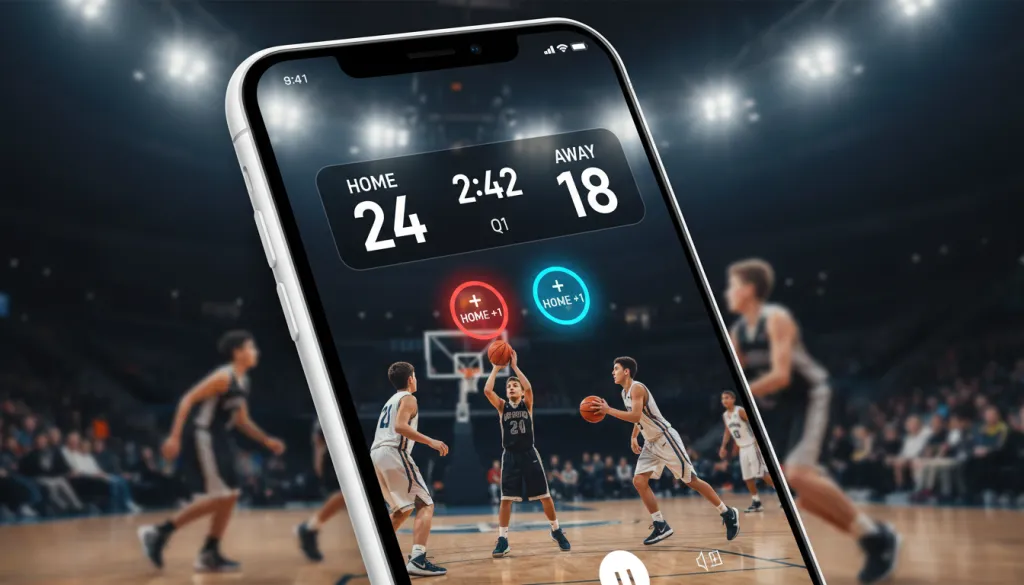 Figure 2: Smartphone displaying the NearStream App with a real-time scoreboard overlay on a live basketball game, showing intuitive one-tap controls